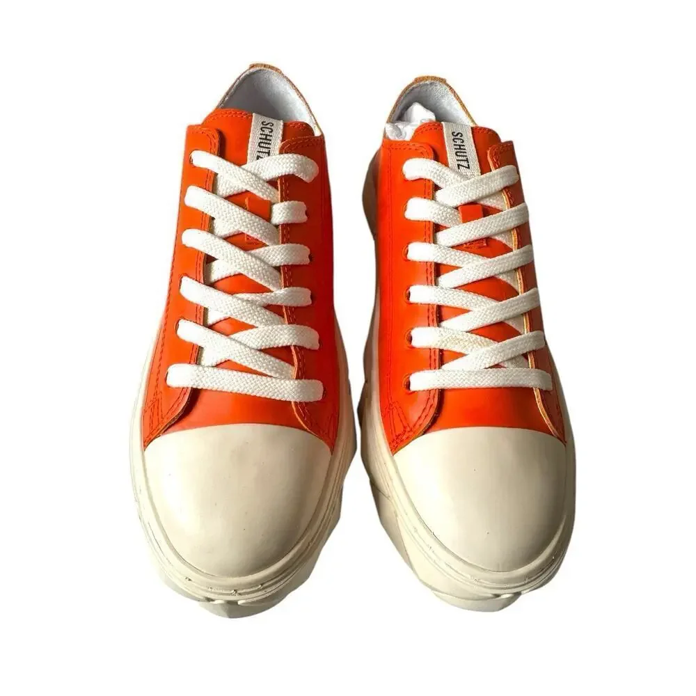 Schutz NEW Leather Lace Up Sneakers Energy Gianni Bright Orange Size 8.5 Women